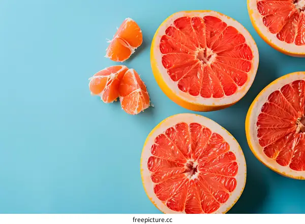 Close Up View of Fresh Grapefruit Slices on Blue Background