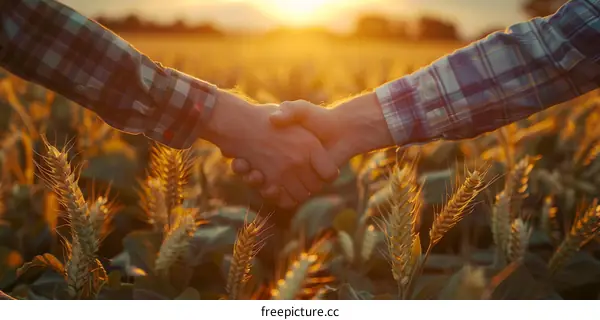 Two farmers shaking hands in a wheat field with the sun setting in the background