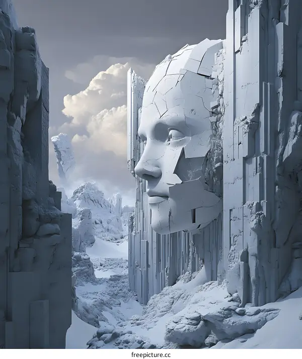 Cracked Stone Face In A Surreal Landscape