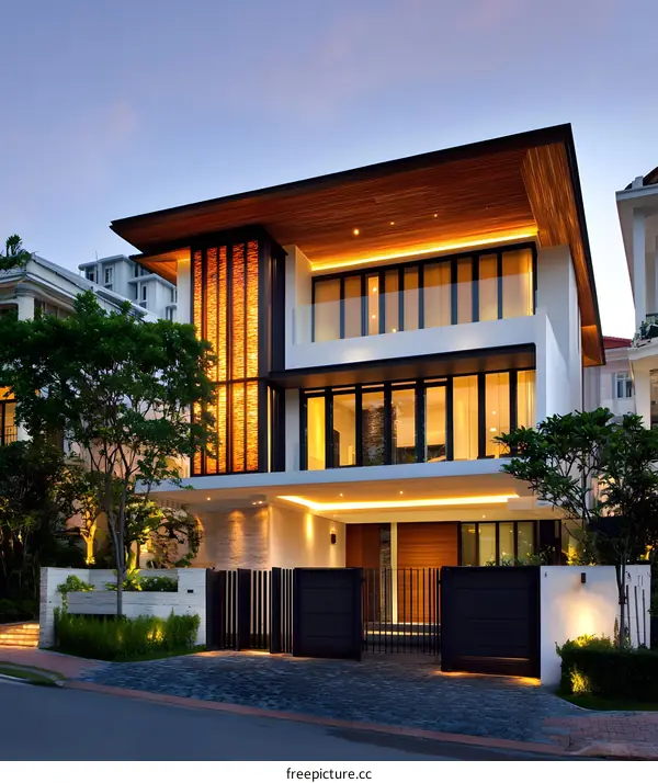 Modern House with Wooden Roof and Lighting