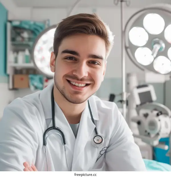 Portrait of a smiling young male doctor in a white coat