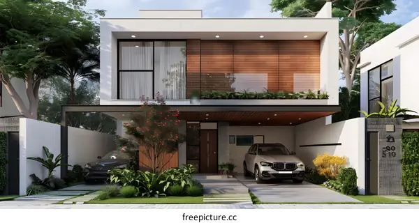 Modern Two Storey House with Carport and Greenery