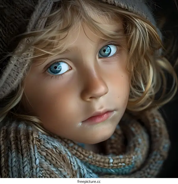 Portrait of a young child with blue eyes and blond hair wearing a brown hat and scarf