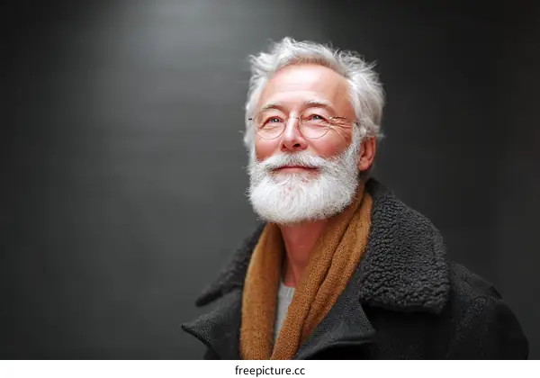 Mature man with white beard wearing warm coat standing against dark background