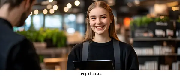 Smiling Young Woman Using Tablet in Coffee Shop