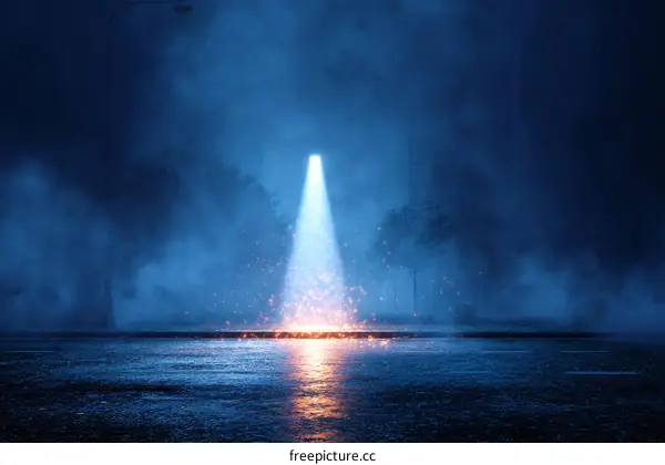 Mysterious Night Scene at Rainy Roadside with Spotlight