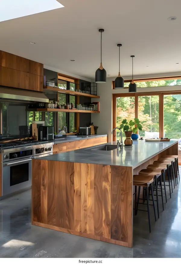 Modern Kitchen Design with Walnut Island and Concrete Floors