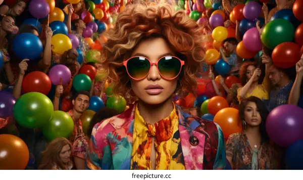 A woman with curly hair and sunglasses is standing in a crowd of people holding colorful balloons
