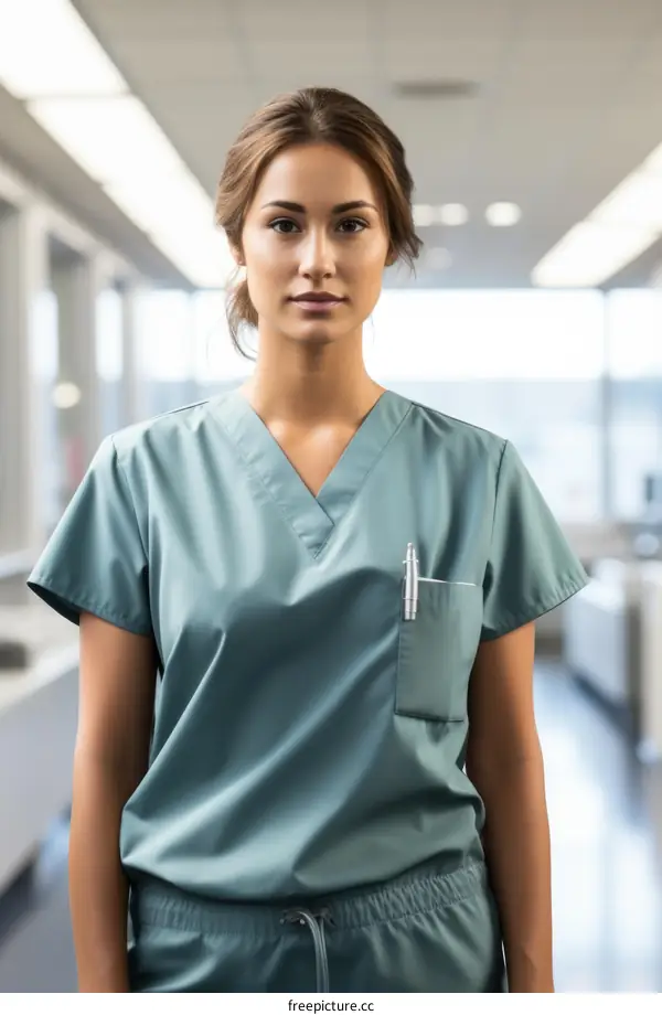 Portrait of a young female doctor or nurse in scrubs