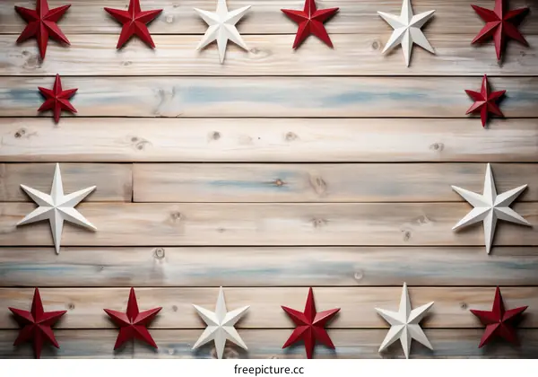Red and White Stars on a Rustic Wooden Background