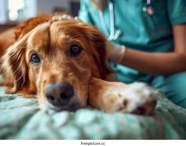 Close up of a sad looking golden retriever being examined by a veterinarian