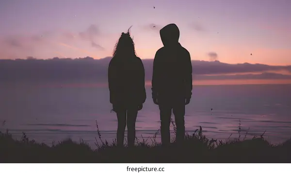 Silhouettes of Couple Standing on Hilltop Overlooking Ocean at Sunset