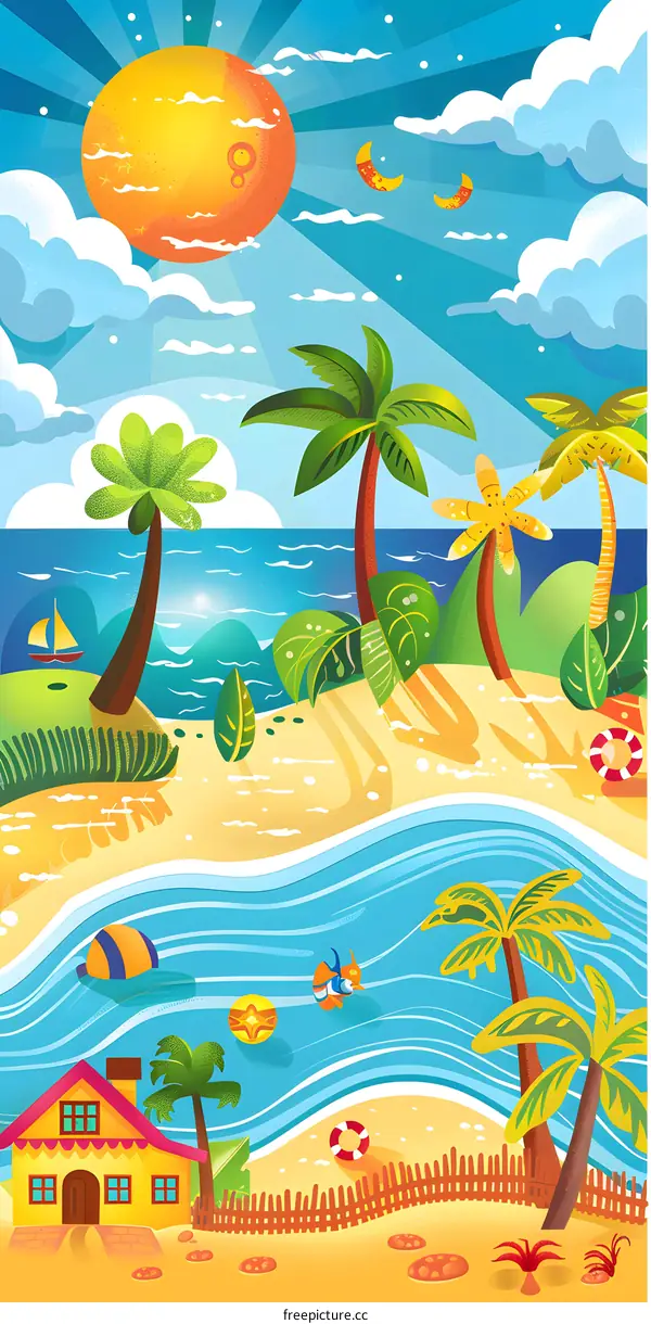 Summer Beach Scene with Palm Trees and Sun