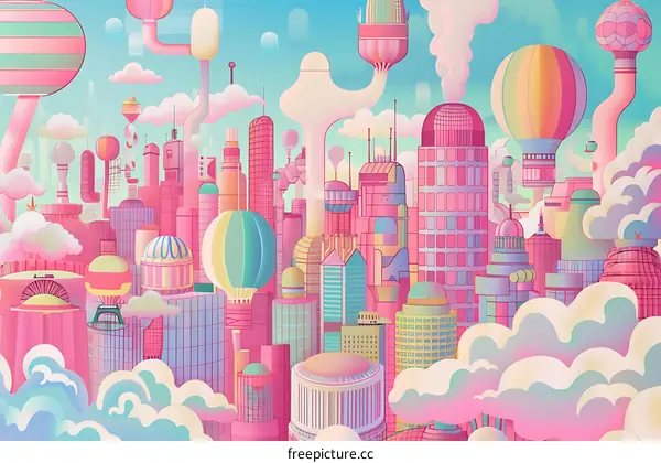 Dreamy Futuristic Cityscape with Balloons