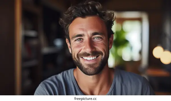 Portrait of a smiling young man with green eyes and dark hair