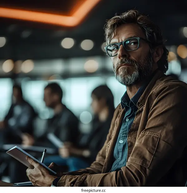 Serious Mature Man Taking Notes In Meeting