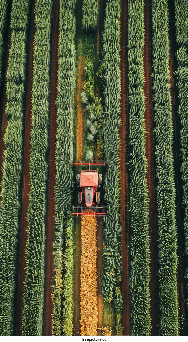 Red Tractor Harvesting Wheat in a Vast Field