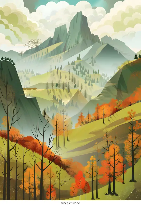 Autumn Landscape with Mountains and Trees Illustration