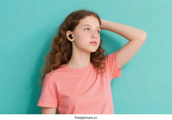 Teenage girl with wireless earbuds standing against teal background