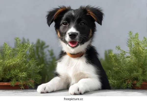 Adorable Puppy Posing Outdoors with Plants