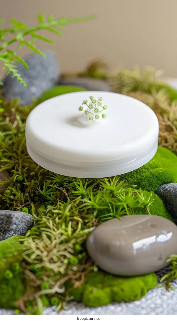 White Round Jar on Moss and Stone Background