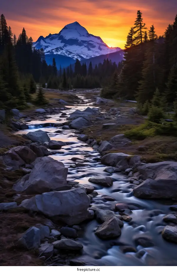 The setting sun casts a golden glow on a mountain stream flowing through a valley