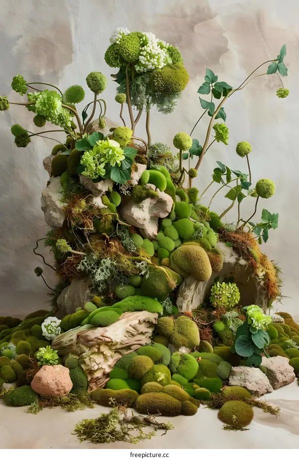 Green Mossy Arrangement with Flowers and Rocks
