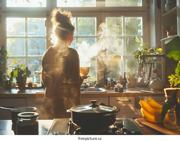 Young woman standing in the kitchen and looking out the window