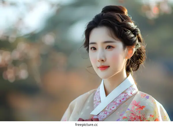 Portrait of a young woman in traditional Korean dress, or Hanbok