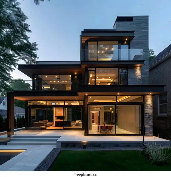 Modern House with Large Windows and Stone Exterior