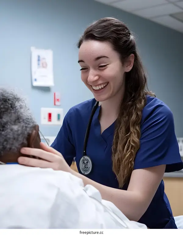 Caucasian Nurse in Blue Scrubs Caring for Elderly Patient