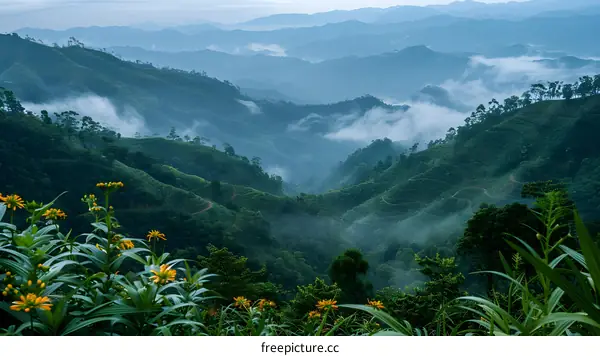 Mountains and valleys shrouded in mist