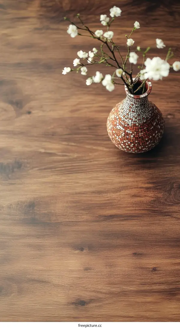 Beautiful Mosaic Vase with Spring Flowers on Wooden Table