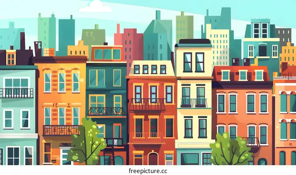 Colorful Cityscape with Buildings and Trees