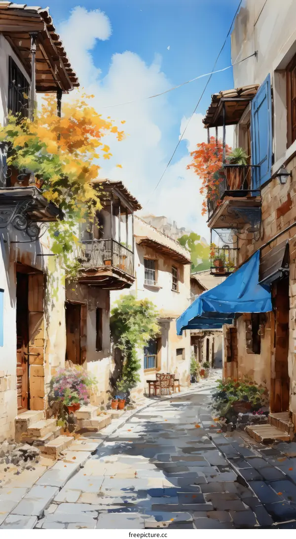 An illustration of a narrow street with stone buildings, blue doors, and flower pots