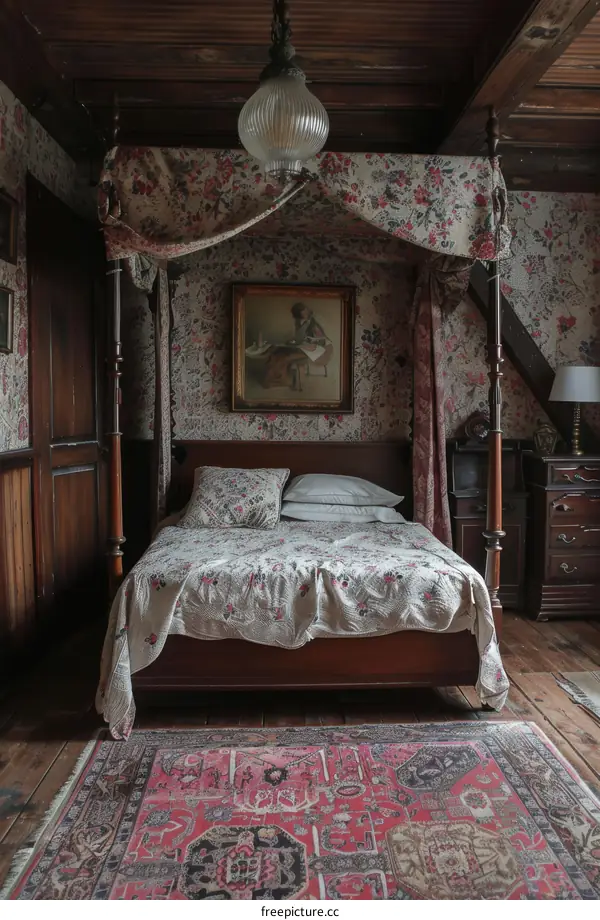 Vintage Floral Bedroom Interior with Antique Bed