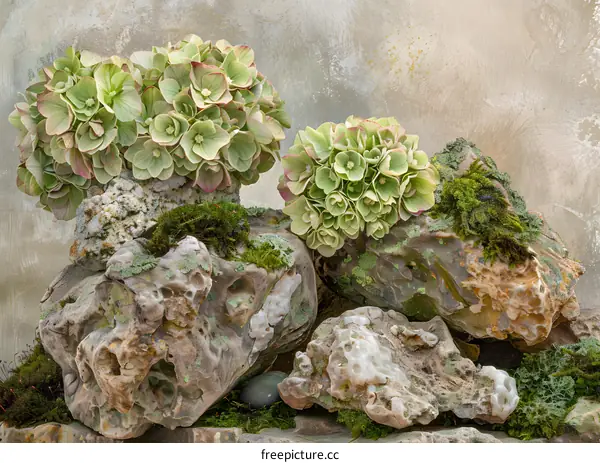 Green Hydrangeas on Rocks with Moss