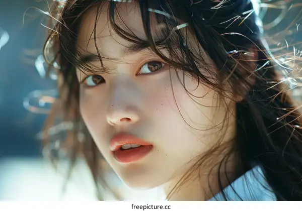 Young Woman with Brown Eyes and Freckles in Sunlight