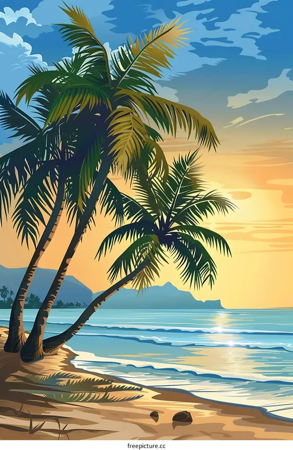 Tropical Sunset Beach Scene With Palm Trees Illustration