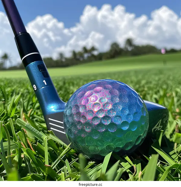 Close-up of a golf ball on the grass with a golf club in the background