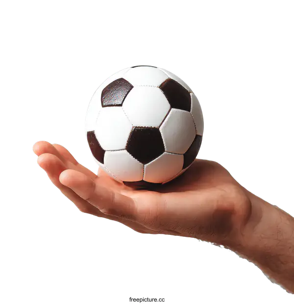 [Transparent Background PNG]Hand Holding a Small Soccer Ball Against a Light Gray Background