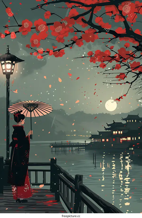 Japanese Woman in Kimono Holding Umbrella Under Cherry Blossoms
