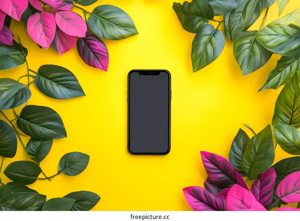 Black Smartphone on Yellow Background with Green and Pink Leaves