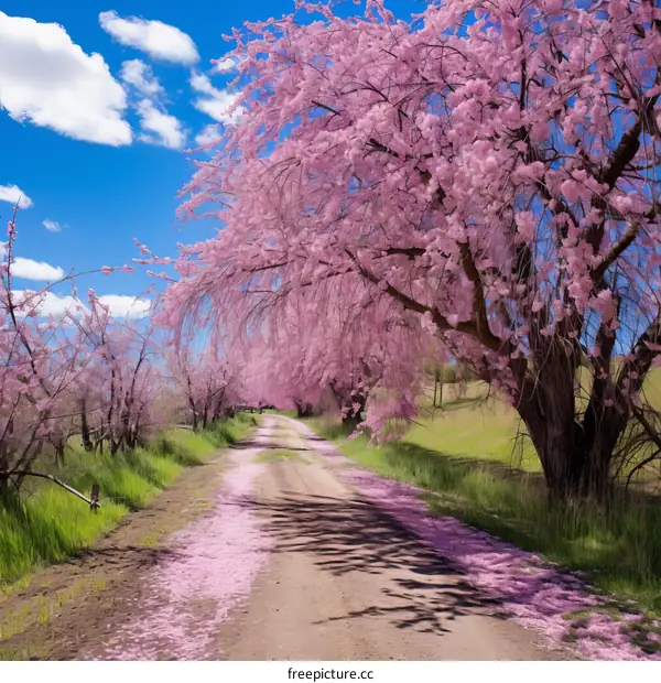 Country road with cherry blossom trees