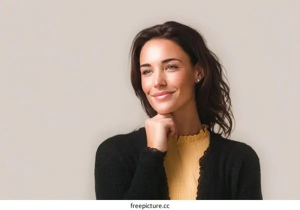 A woman with curly hair wearing a black cardigan and yellow top