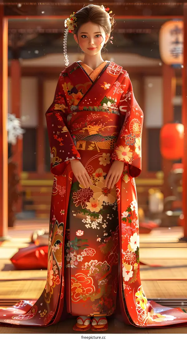 A woman wearing a red kimono with floral patterns and a white obi