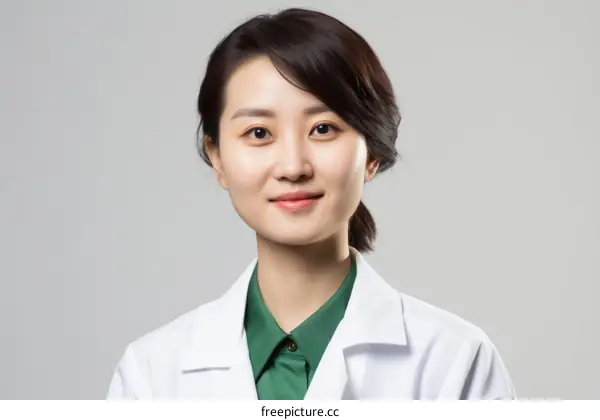 A young Asian female doctor in a lab coat smiles at the camera