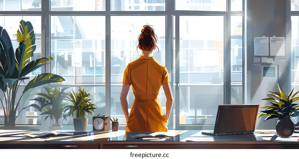 businesswoman looking out the window