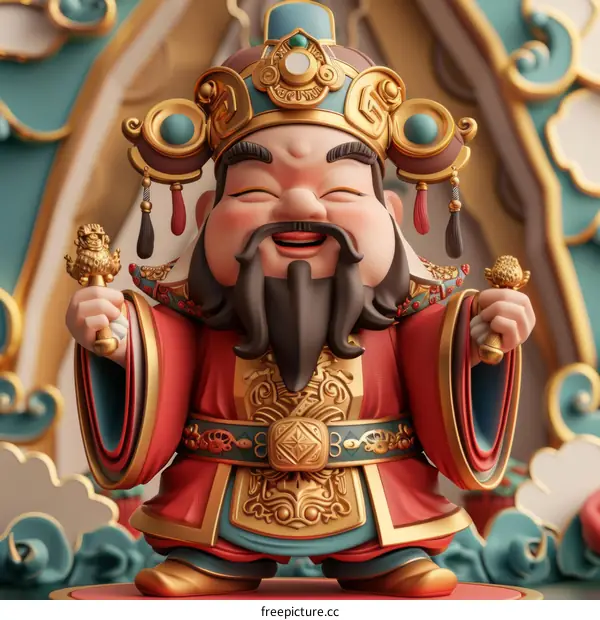 A Chinese God of Wealth in red robe holding gold ingots