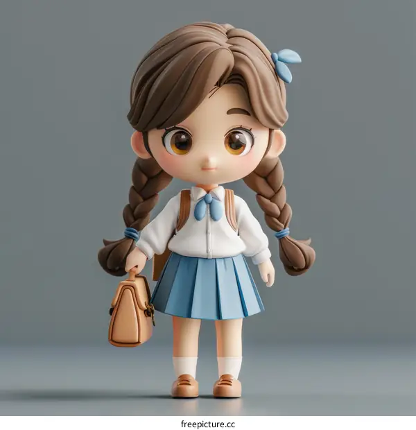 A cute little girl with brown hair and big eyes wearing a school uniform